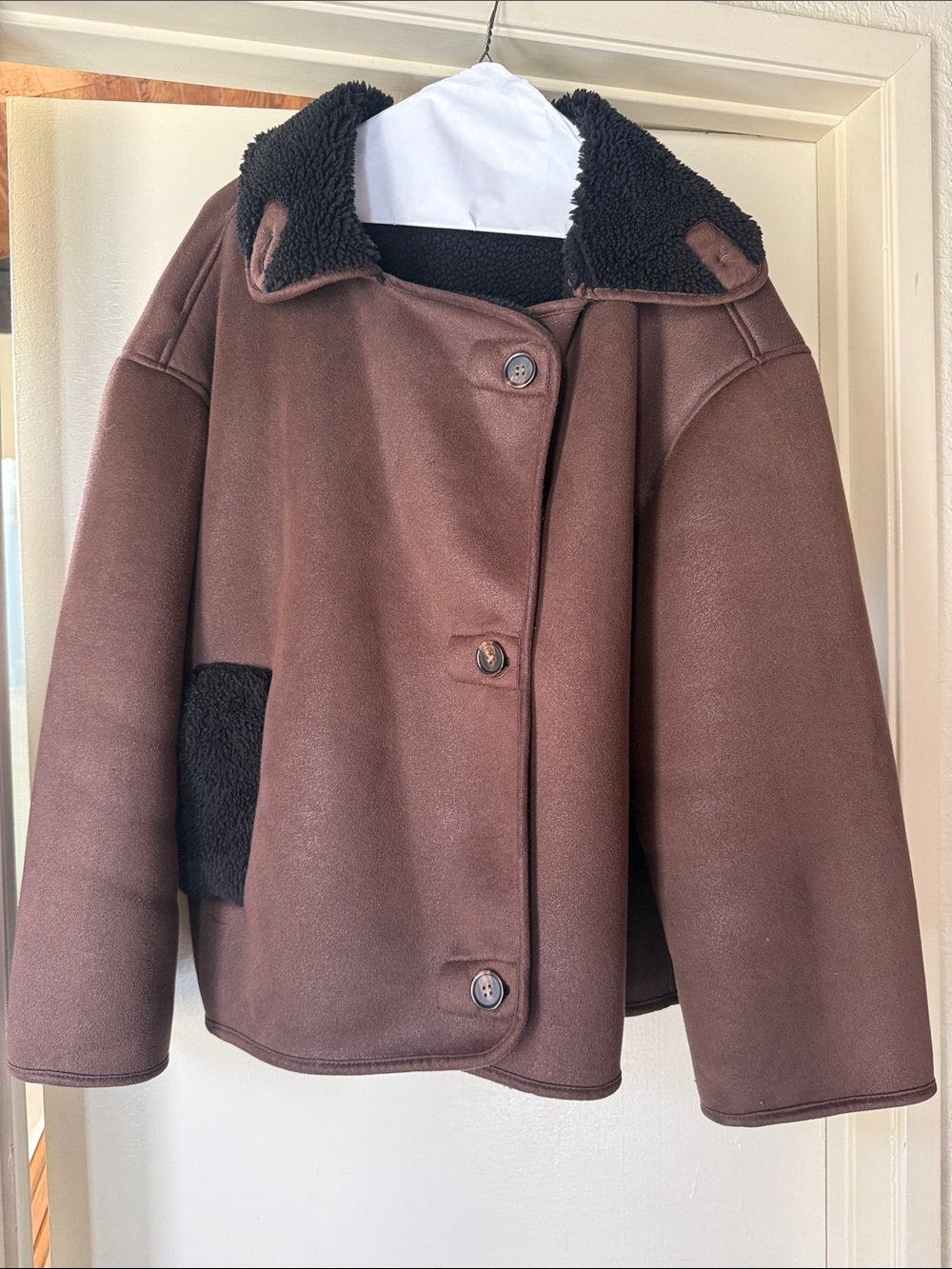 Commense oversized brown and black teddy jacket with buttons